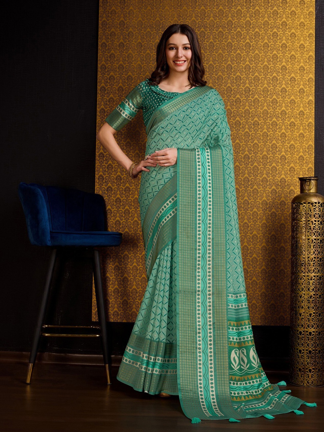 

Mitera Teal Green Geometric Printed Zari Pure Silk Saree