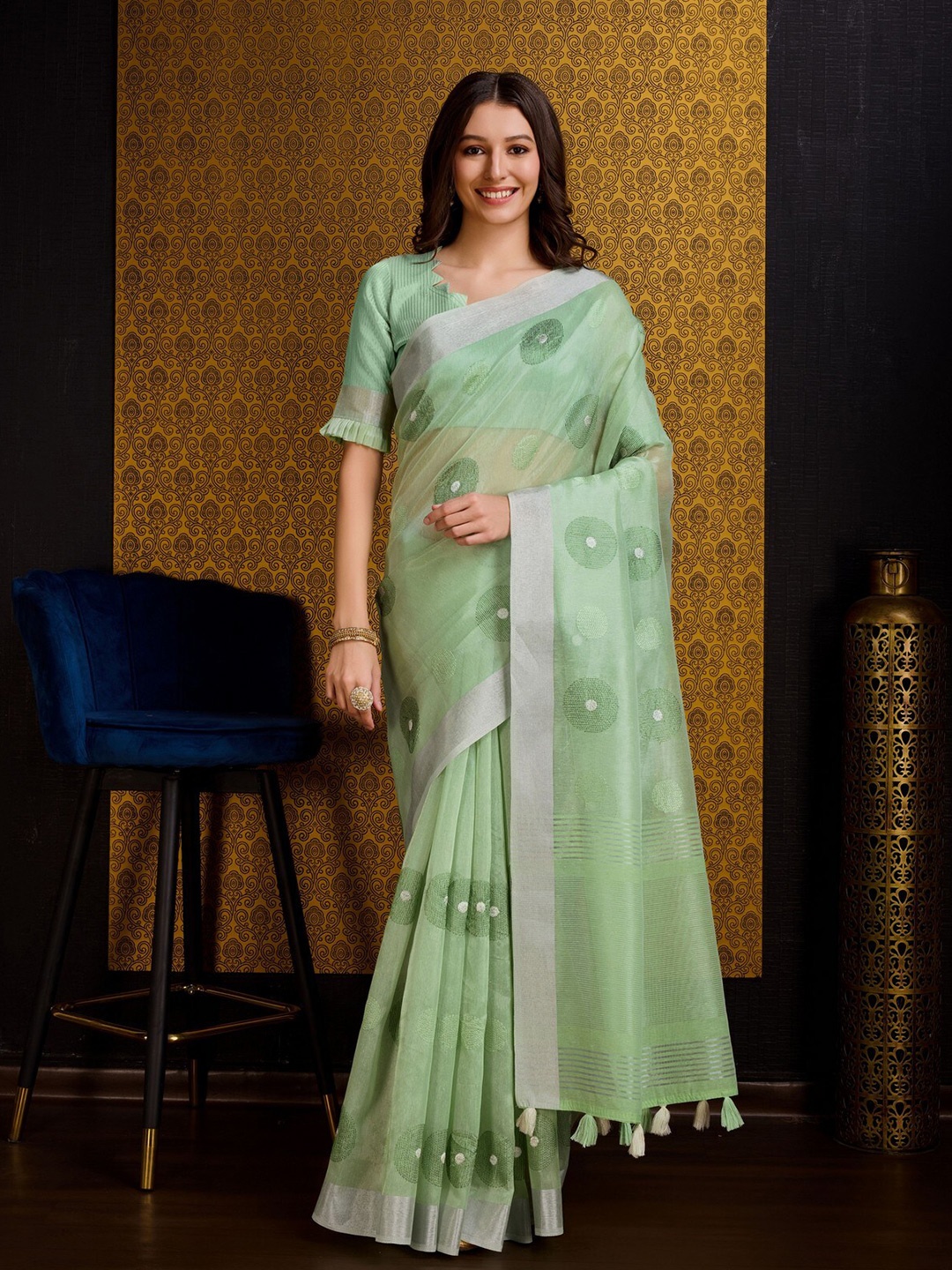 

Mitera Green Floral Embroidered Zari Linen Blend Saree