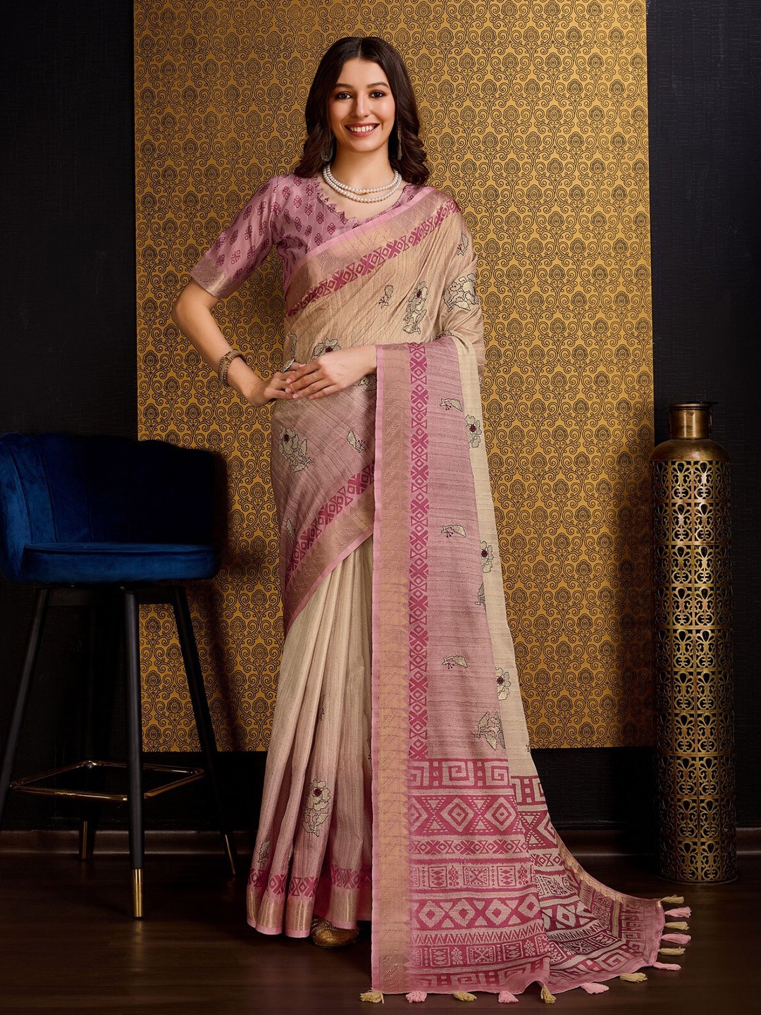 

Mitera Beige Floral Printed Zari Pure Silk Saree