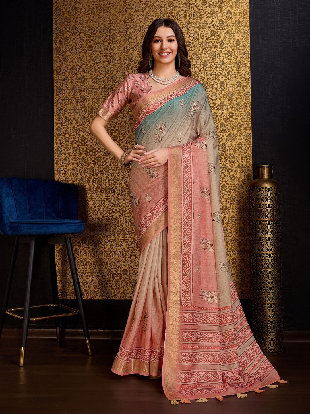 

Mitera Peach Floral Printed Zari Pure Silk Saree