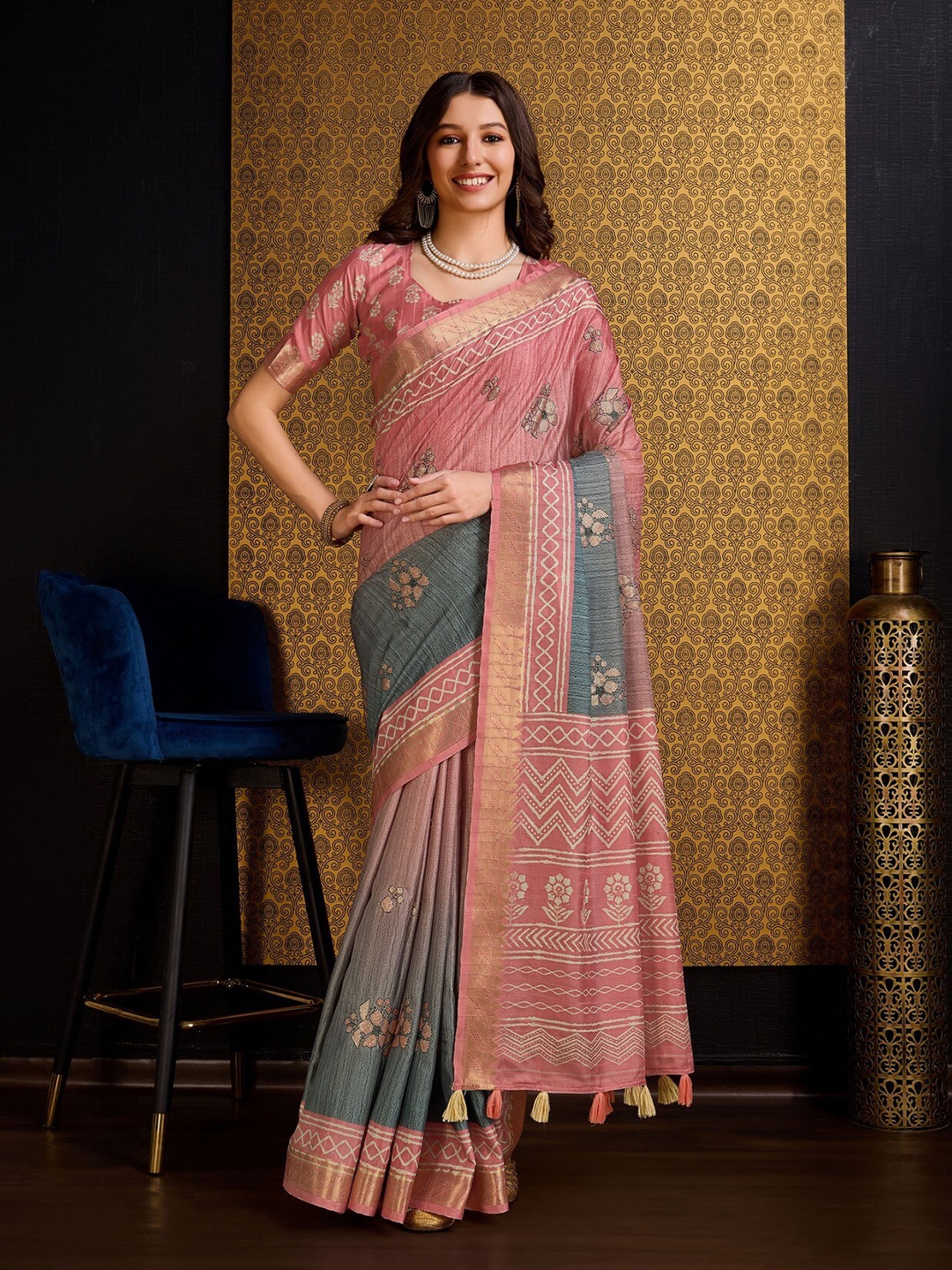 Mitera Rust Ethnic Motifs Printed Pure Silk Saree