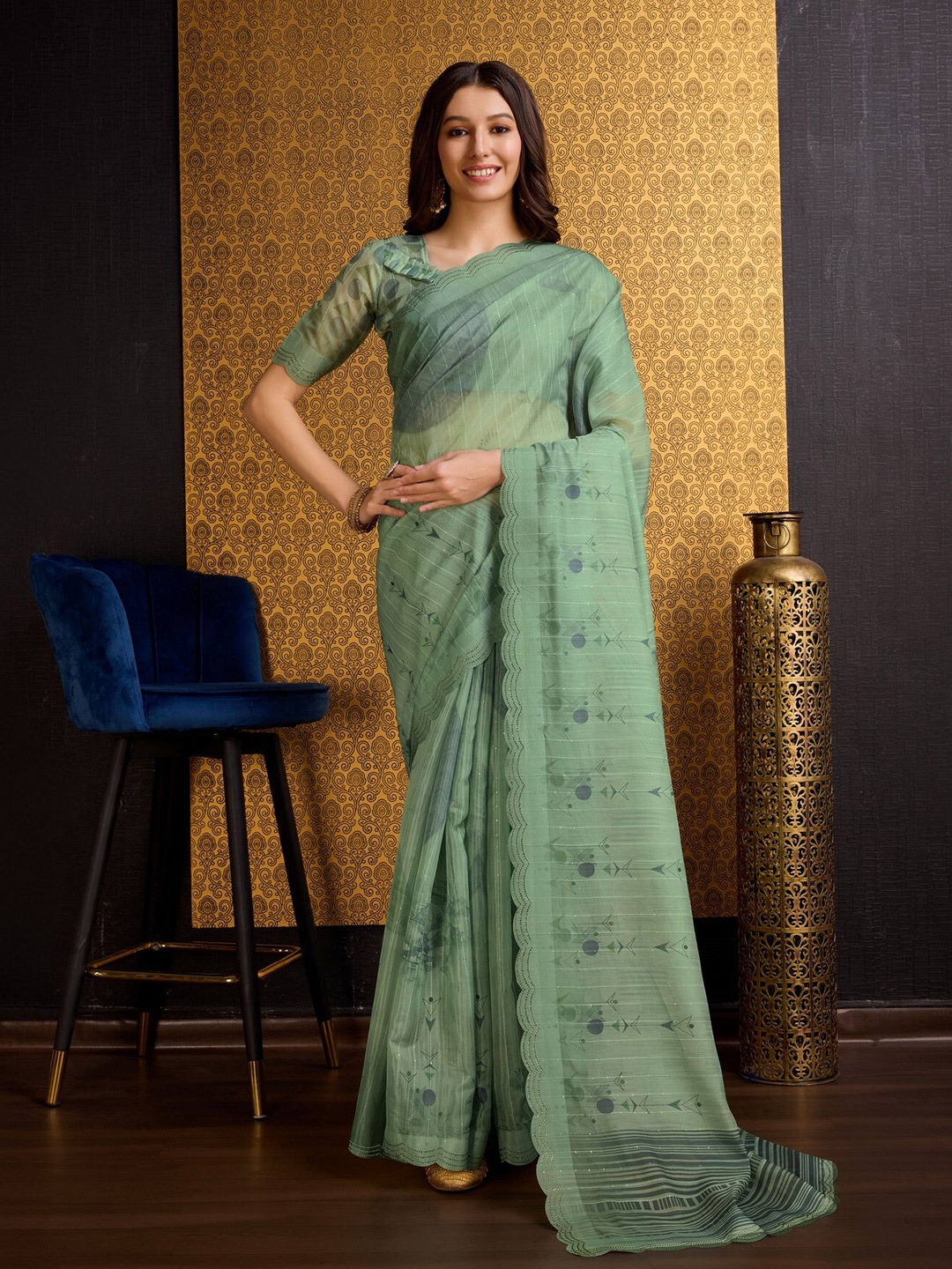 

Mitera Floral Printed Beads and Stones Organza Saree, Sea green