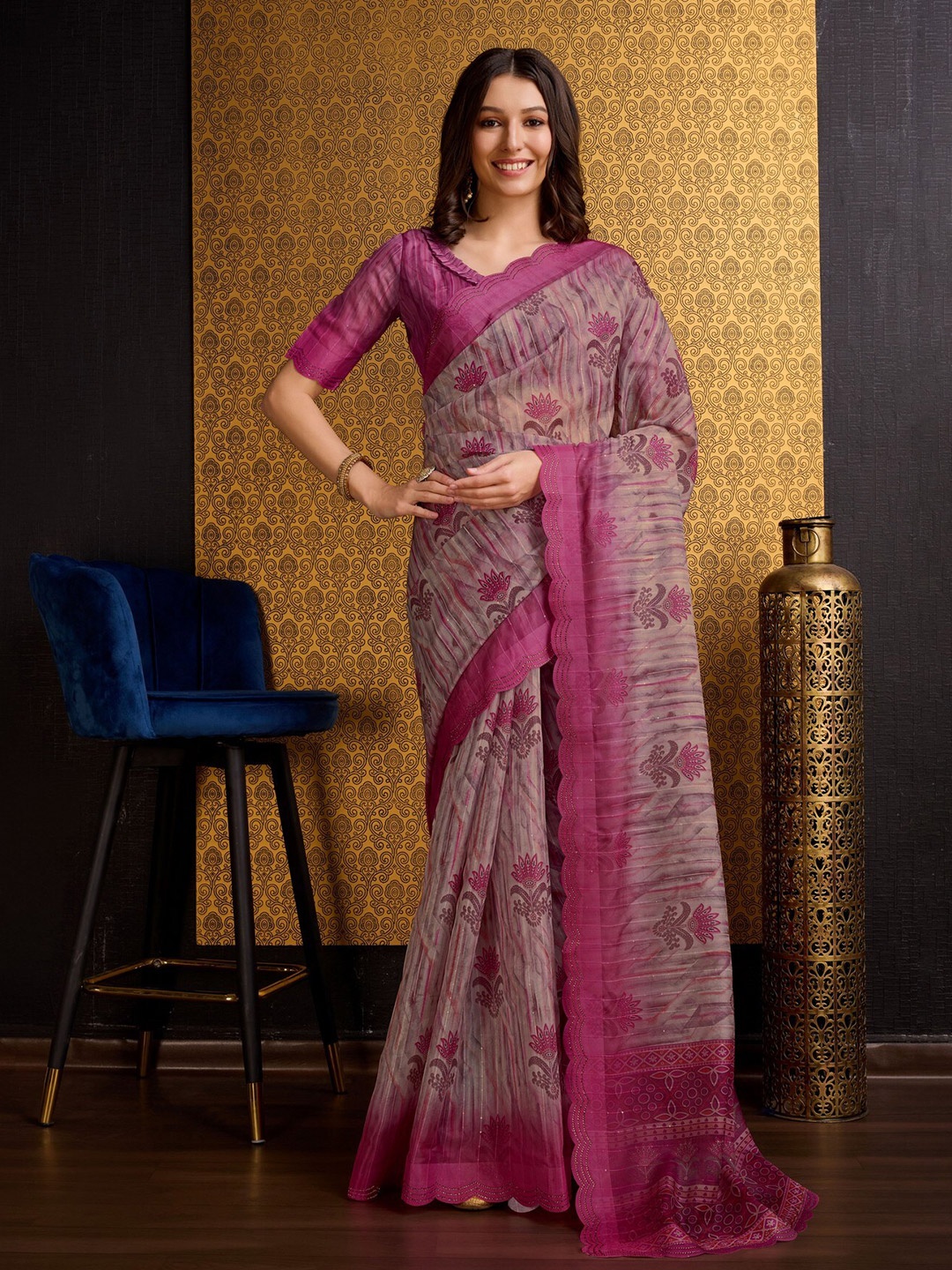 

Mitera Purple Floral Printed Sequinned Organza Saree