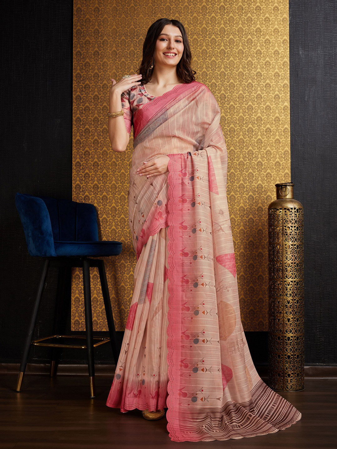 

Mitera Peach Geometric Printed Organza Saree