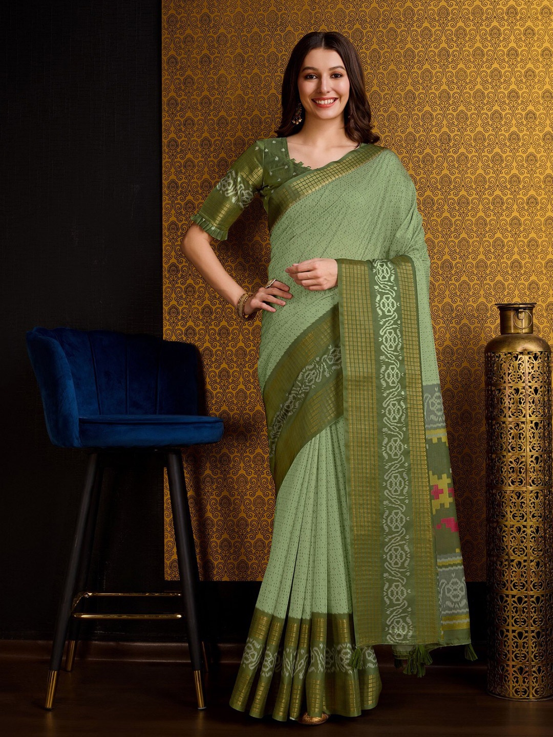 Mitera Green Ethnic Motifs Printed Zari Pure Silk Saree
