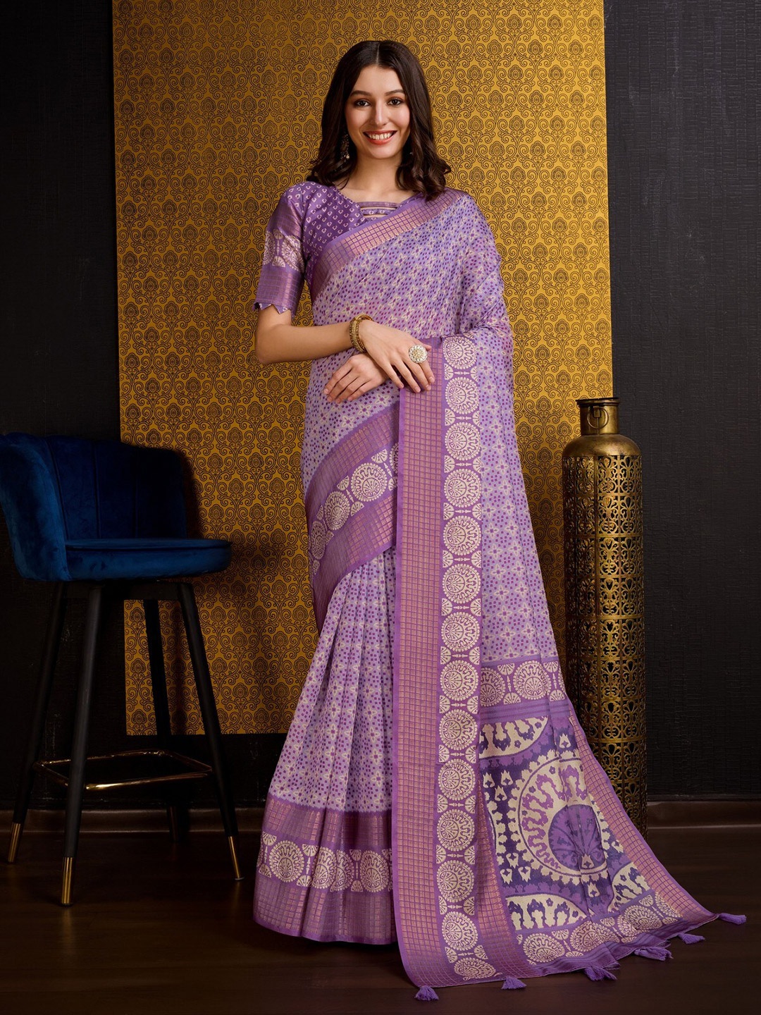 

Mitera Purple Floral Printed Zari Pure Silk Saree
