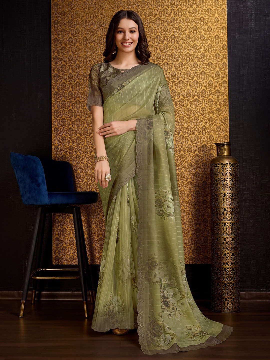 

Mitera Floral Printed Organza Saree, Green