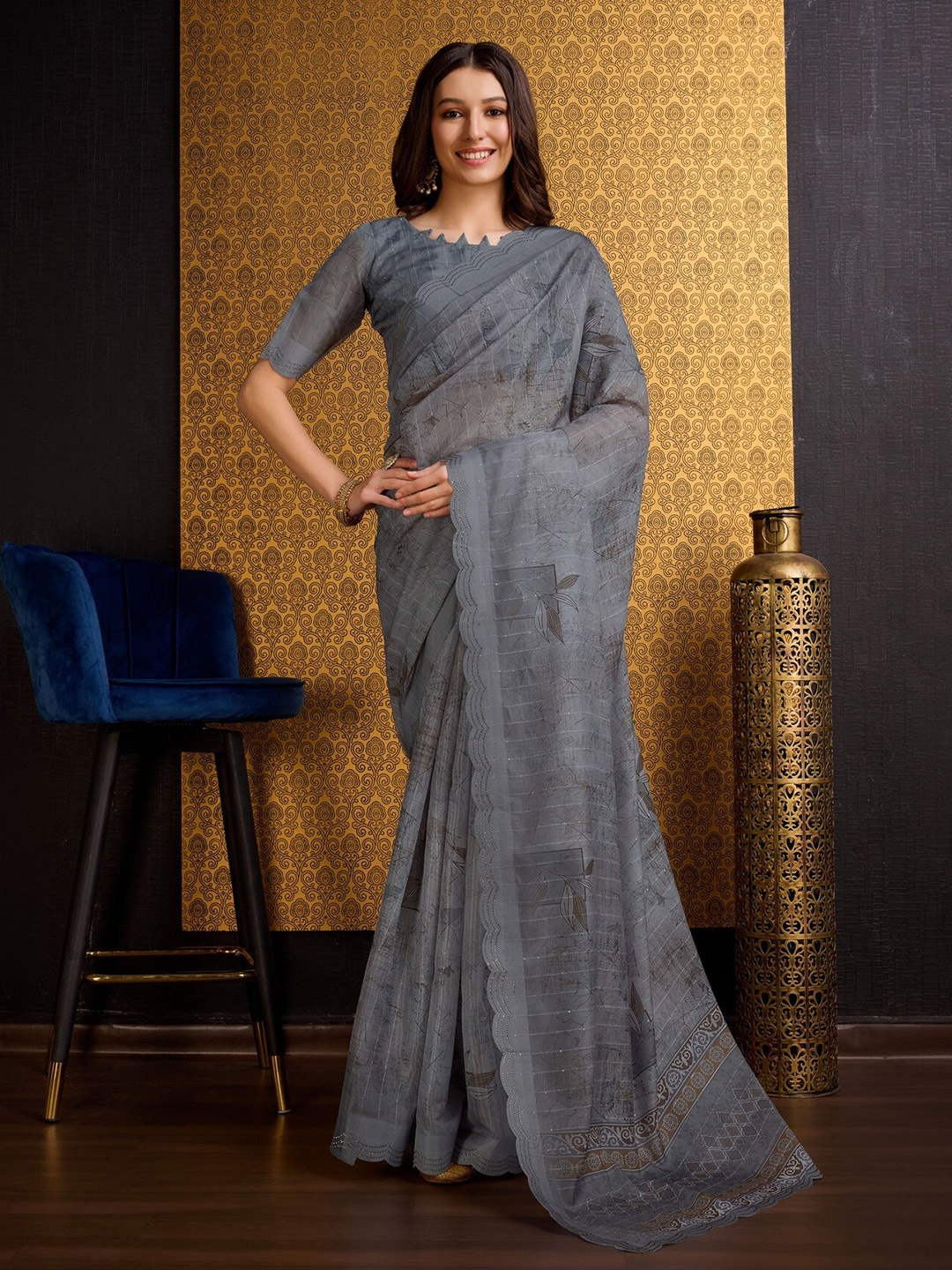 

Mitera Floral Printed Sequinned Organza Saree, Grey