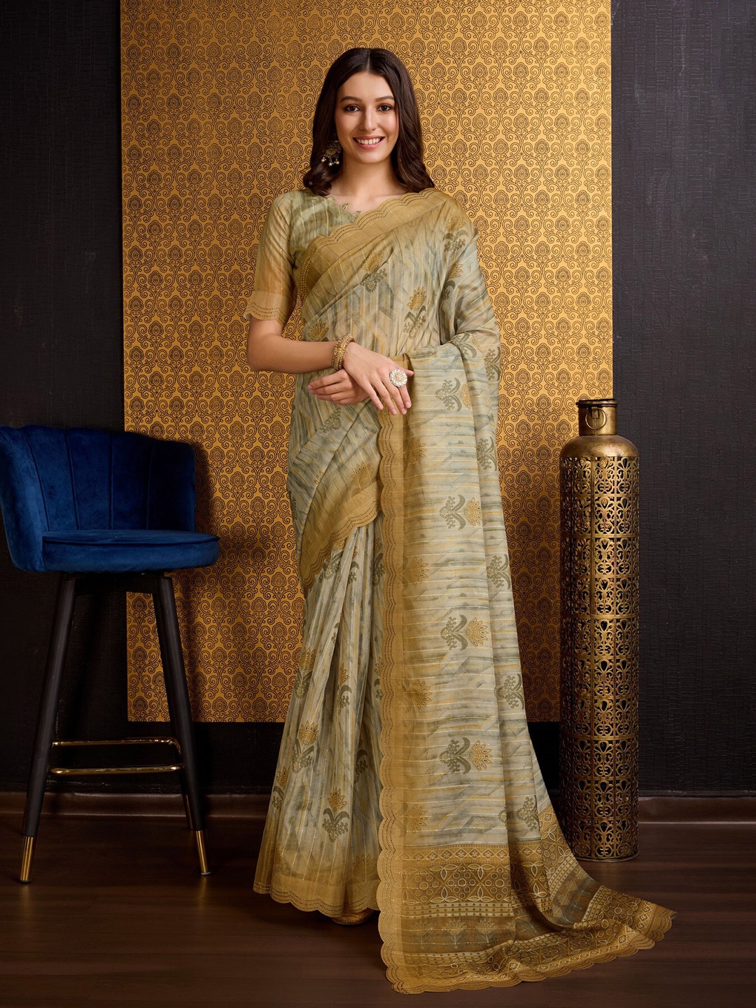 

Mitera Yellow Floral Printed Beads & Stones Organza Saree