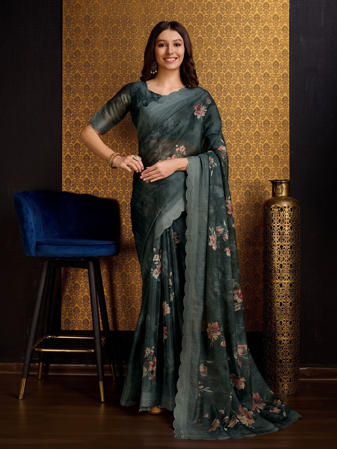 

Mitera Green Floral Printed Sequinned Organza Saree