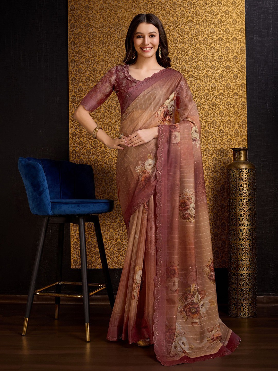 

Mitera Brown Floral Printed Sequinned Organza Saree