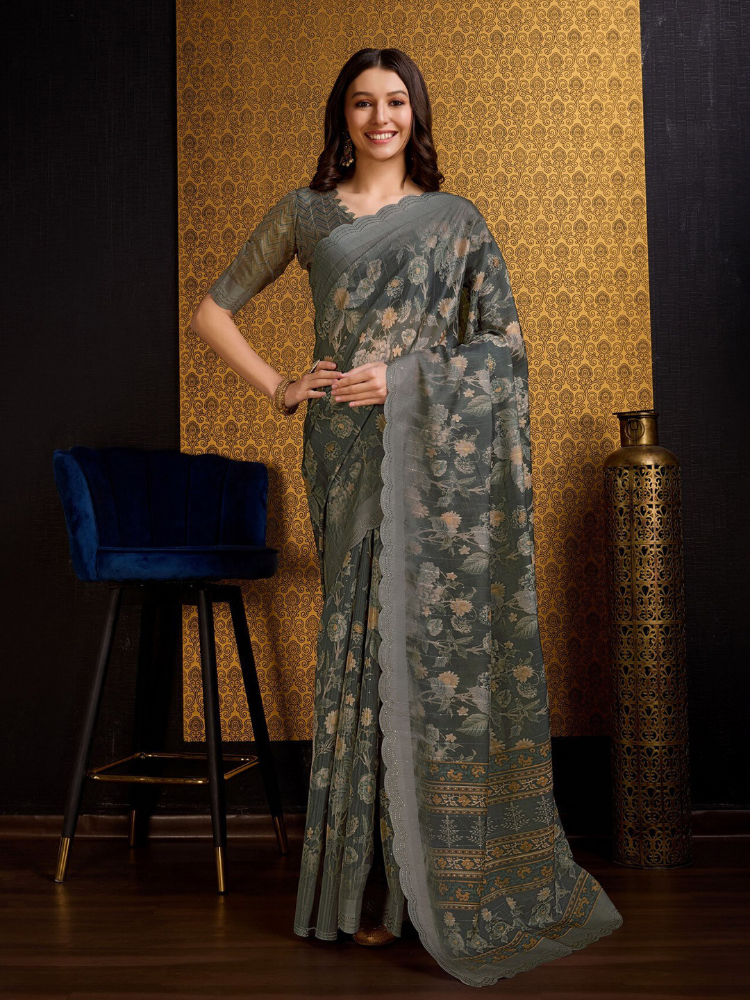 

Mitera Green Floral Printed Beads & Stones Organza Saree