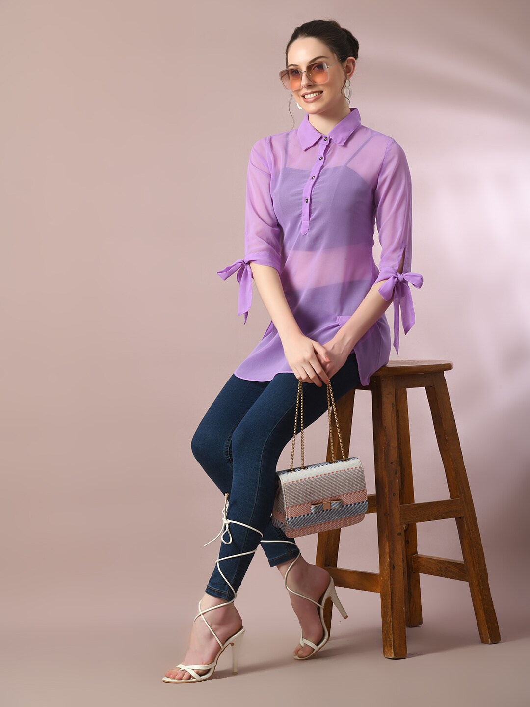 

HERE&NOW Sheer Georgette Shirt Style Top, Lavender