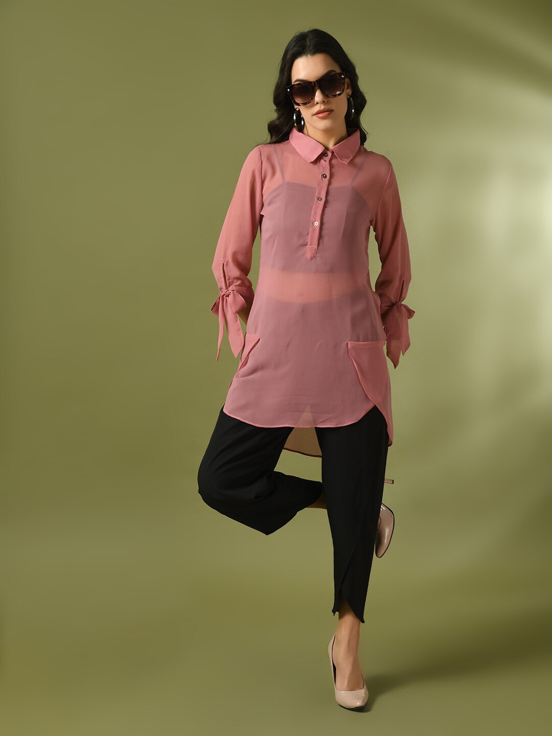 

HERE&NOW Sheer Georgette Shirt Style Top, Pink