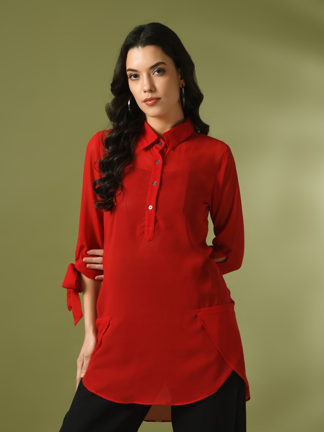 

HERE&NOW Roll-Up Sleeves Sheer Georgette Shirt Style Longline Top, Red