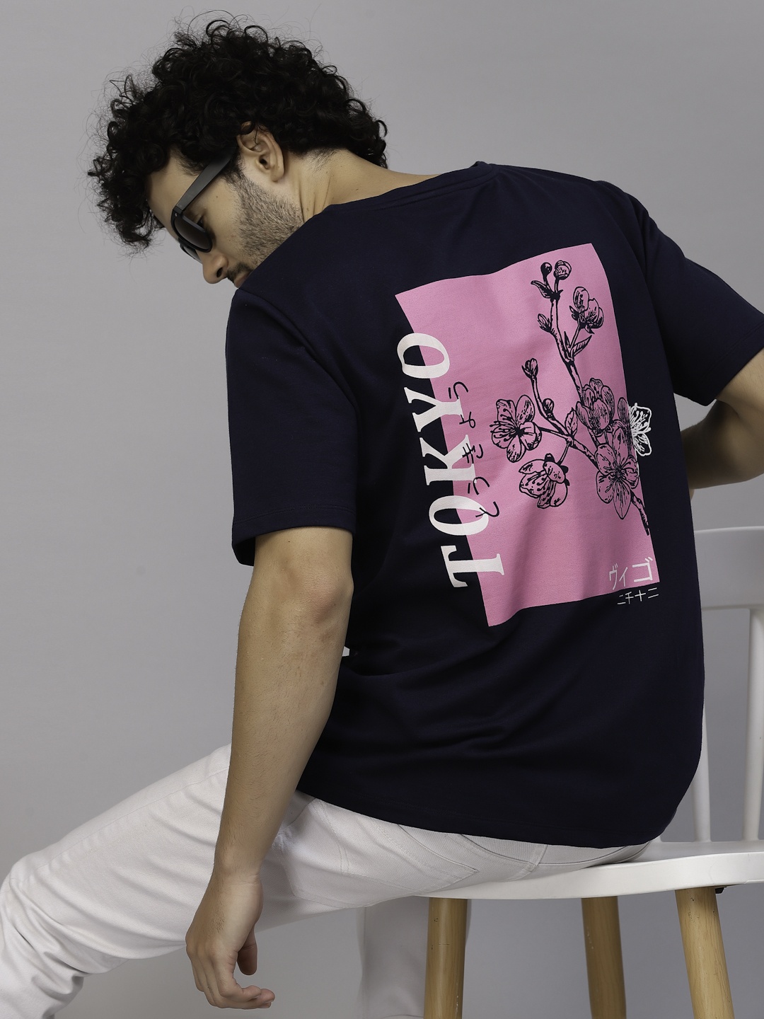 

Rigo Printed Drop-Shoulder Sleeves Oversized Cotton T-shirt, Navy blue