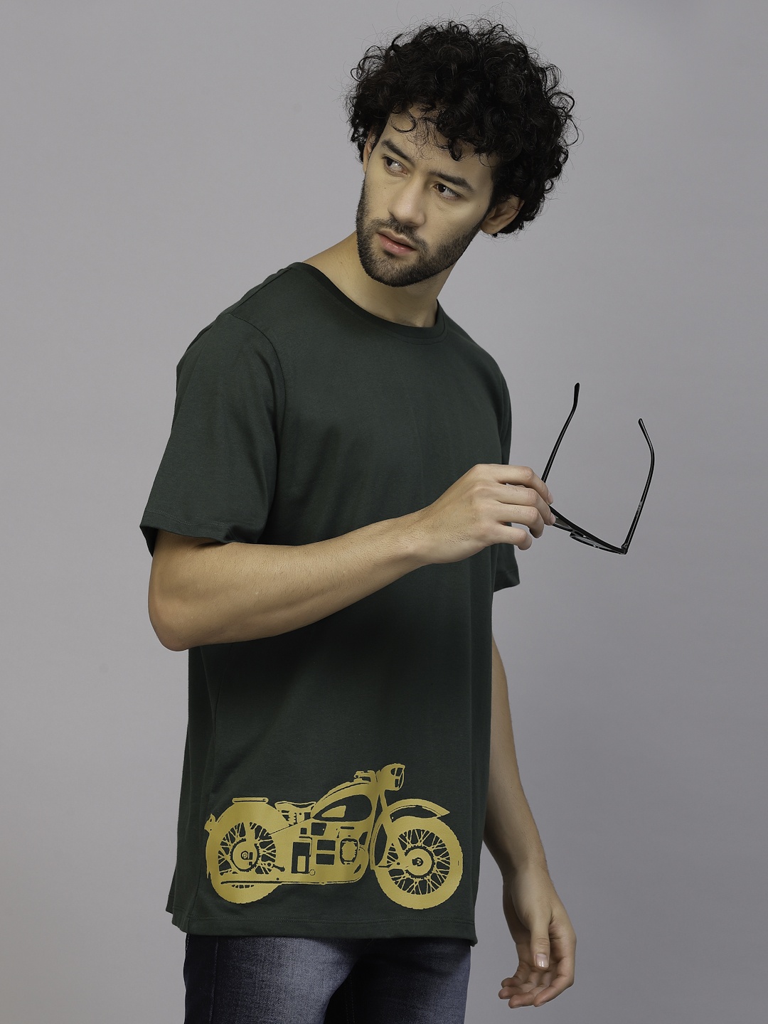 Rigo Printed Drop Shoulder Sleeves Cotton Oversize Fitted T-shirt, Green