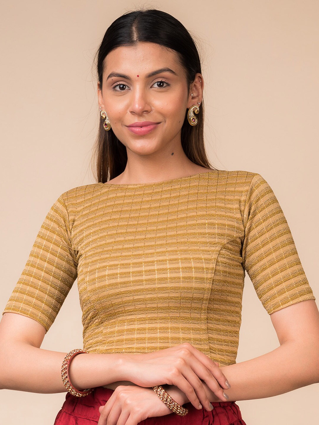 

Bindigasm's Advi Striped Boat Neck Stretchable Saree Blouse, Gold