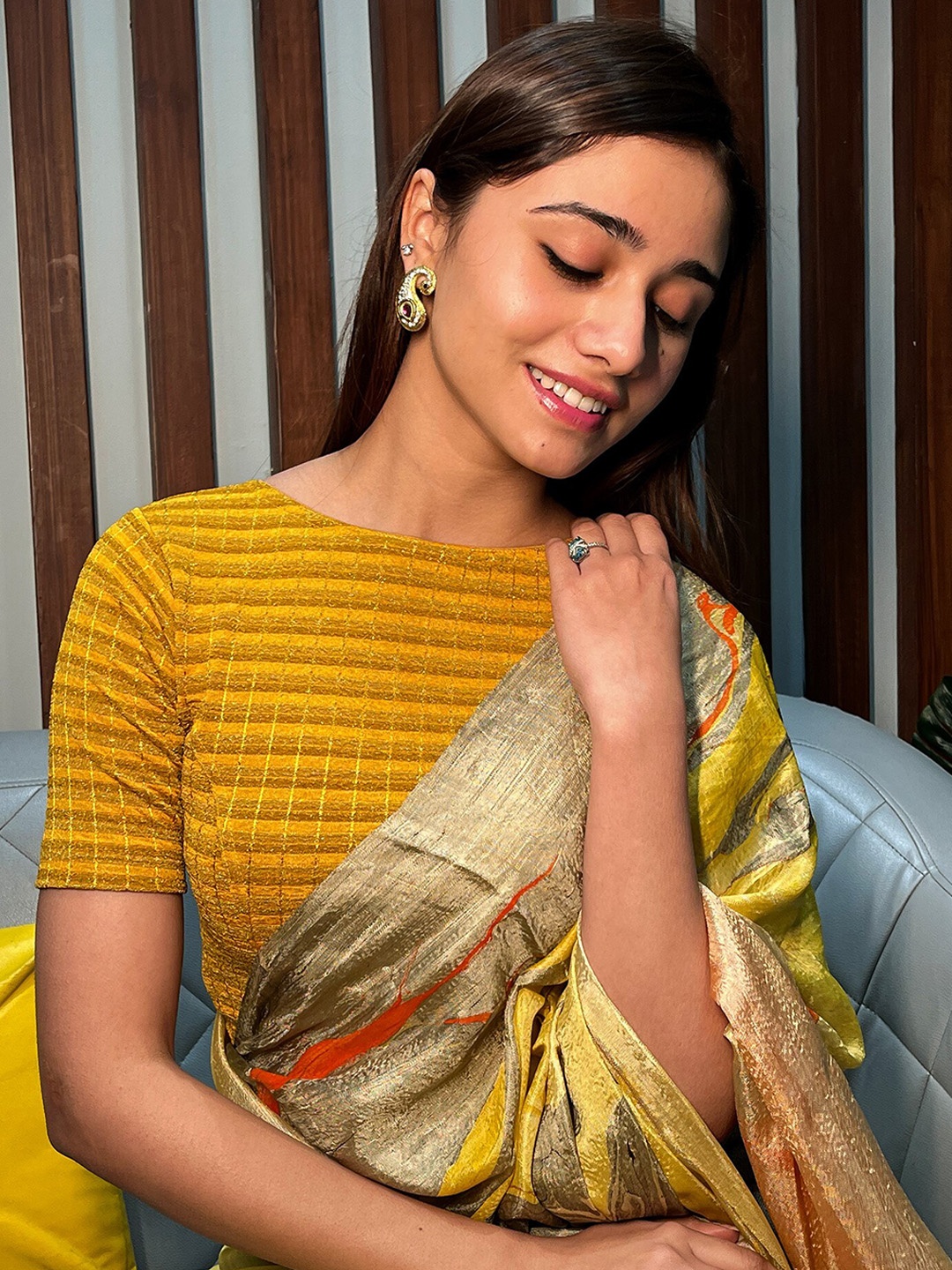 

Bindigasm's Advi Striped Boat Neck Jacquard Stretchable Saree Blouse, Mustard