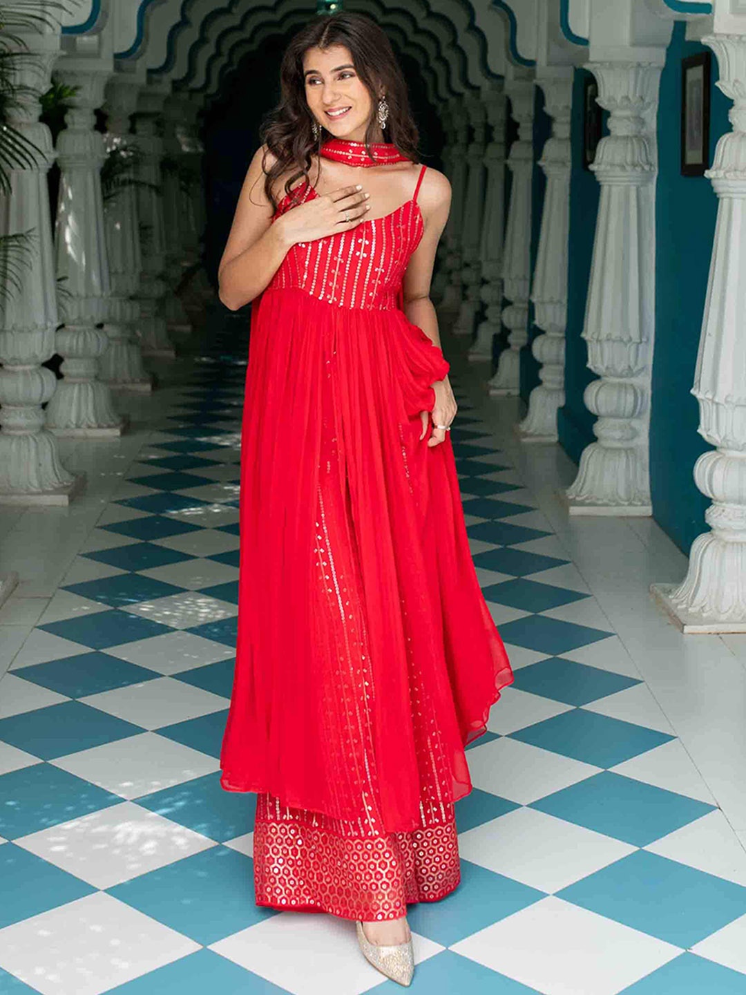 

Label Shaurya Sanadhya Floral Embroidered Regular Kurta with Palazzos & With Dupatta, Red
