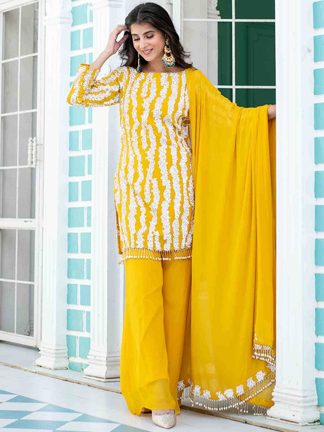 

Label Shaurya Sanadhya Floral Embroidered Regular Kurta with Palazzos & With Dupatta, Yellow