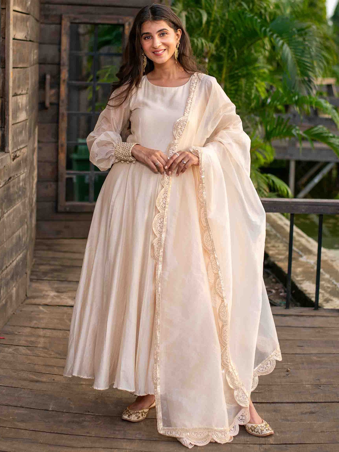 

Label Shaurya Sanadhya Pleated Thread Work Chanderi Silk Kurta with Pyjamas & With Dupatta, Beige