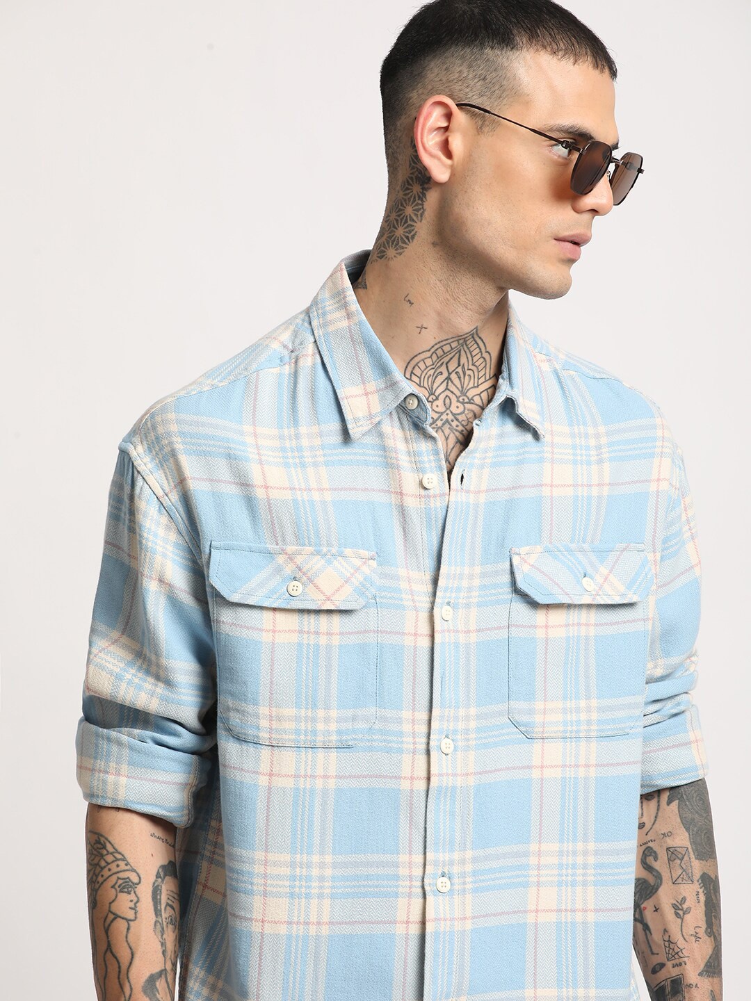 

THE BEAR HOUSE Checked Relaxed Fit Spread Collar Twill Cotton Casual Shirt, Blue