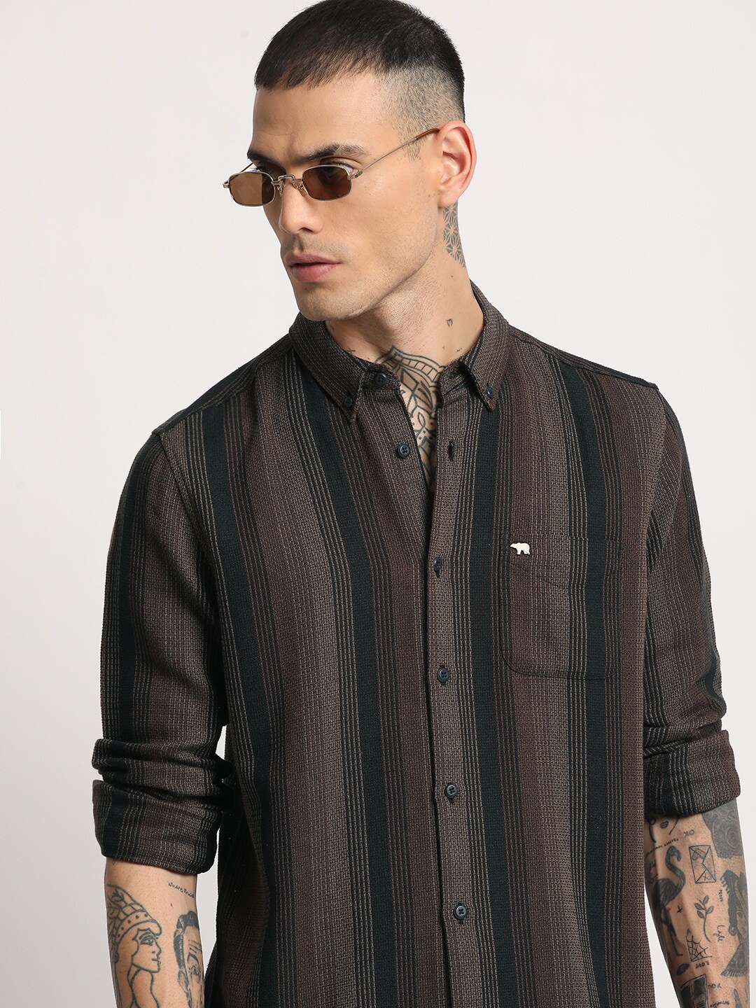 

THE BEAR HOUSE Striped Slim Fit Button-Down Collar Casual Shirt, Brown