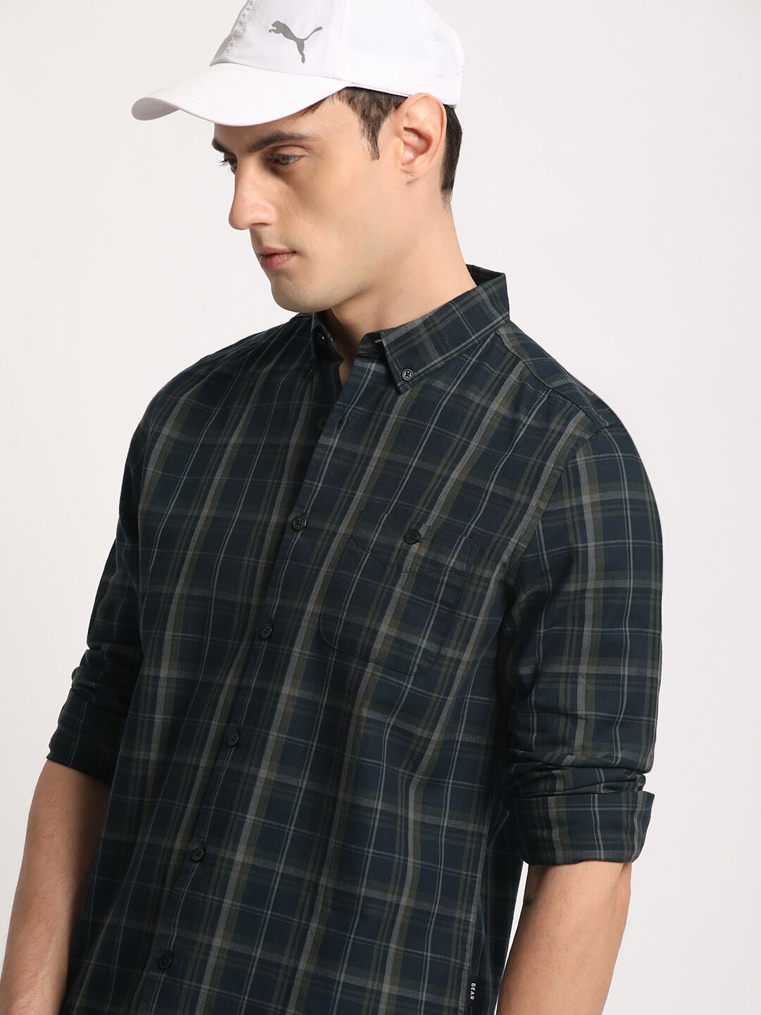 

THE BEAR HOUSE Checked Slim Fit Button-Down Collar Pure Cotton Casual Shirt, Blue