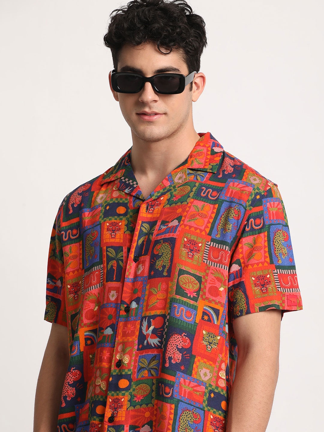 

THE BEAR HOUSE Men Printed Regular Fit Cuban Collar Casual Shirt, Orange