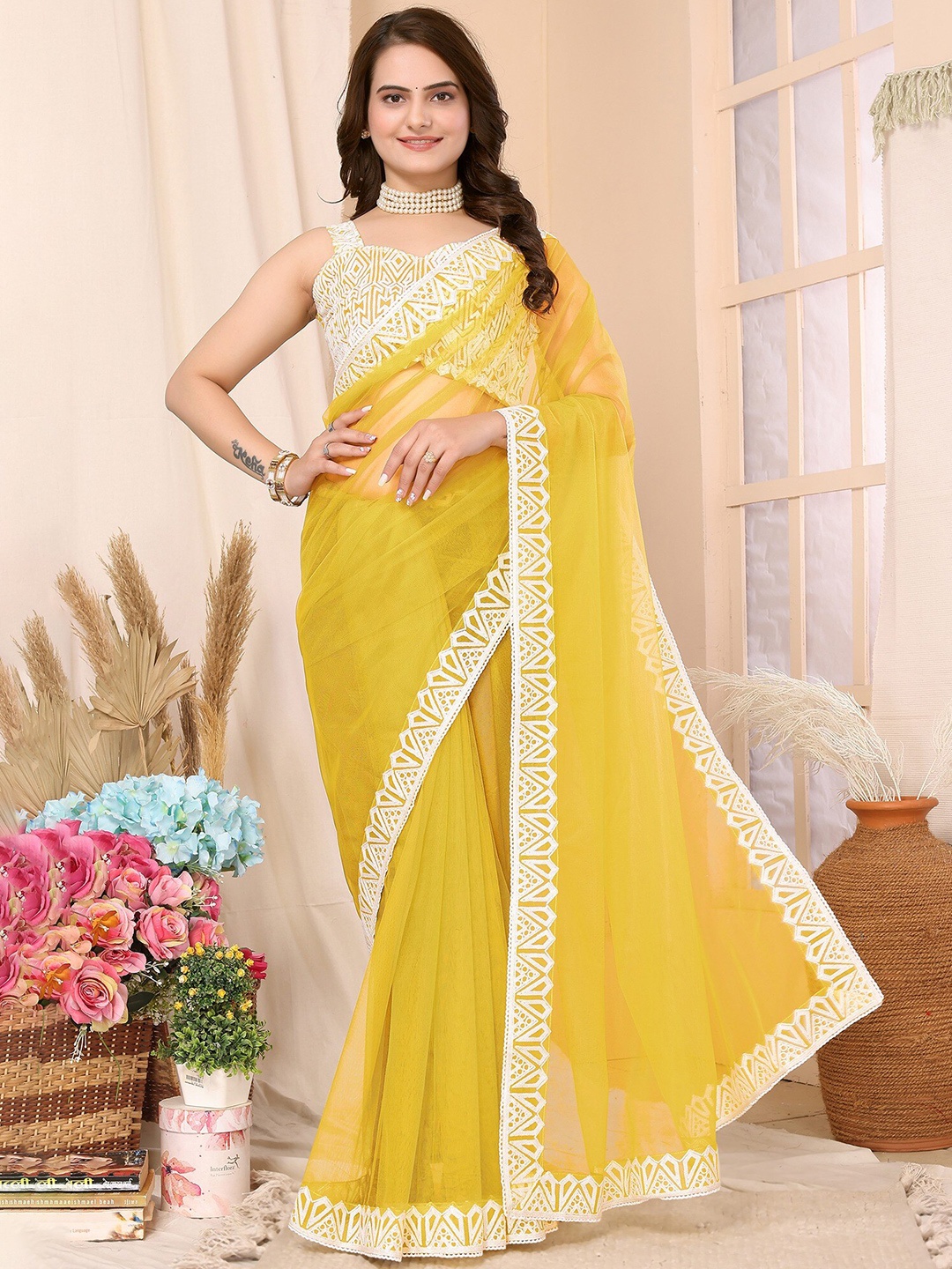 

FABMORA Embroidered Net Saree, Yellow