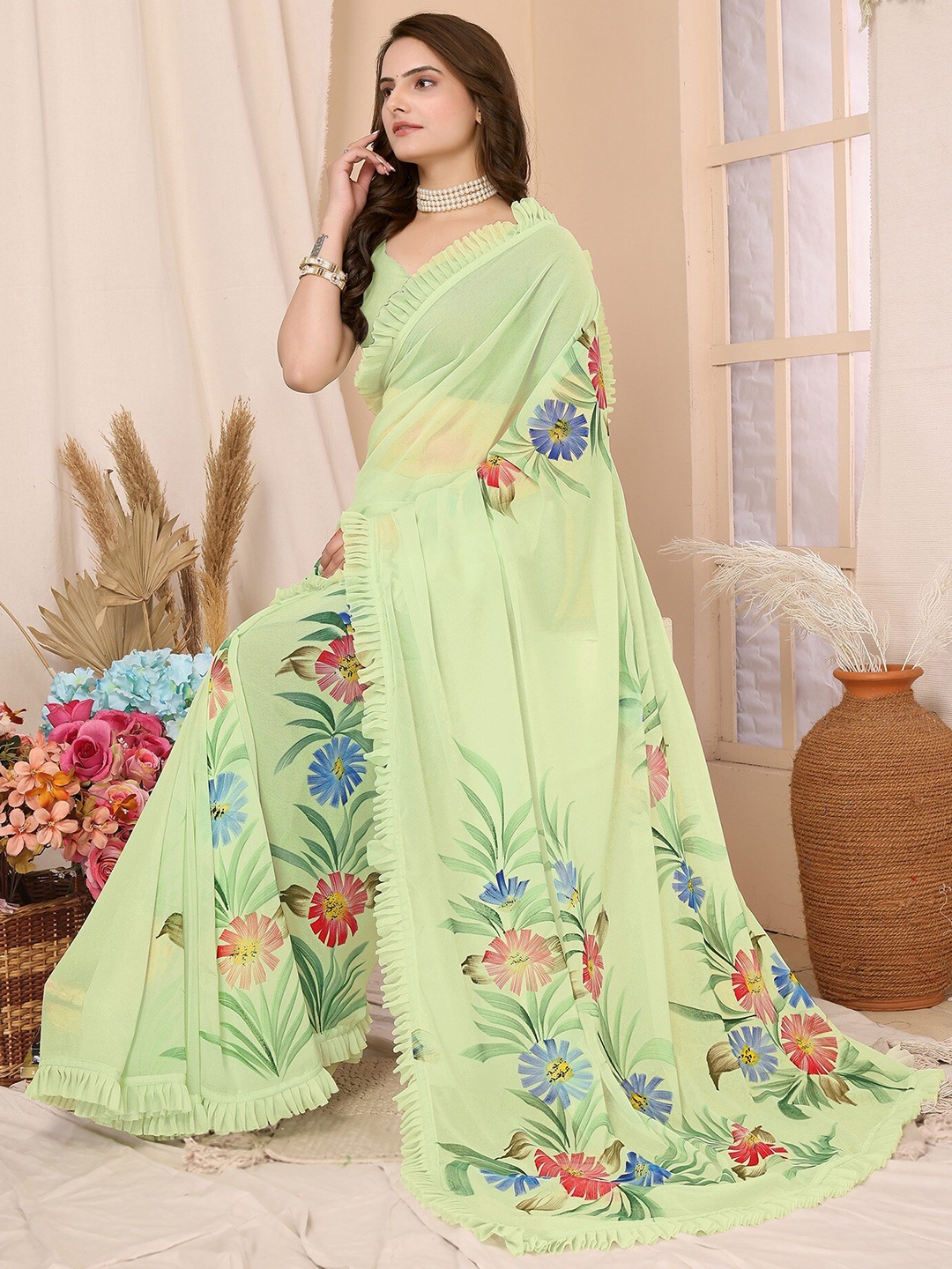 

FABMORA Floral Printed Ruffled Saree, Green