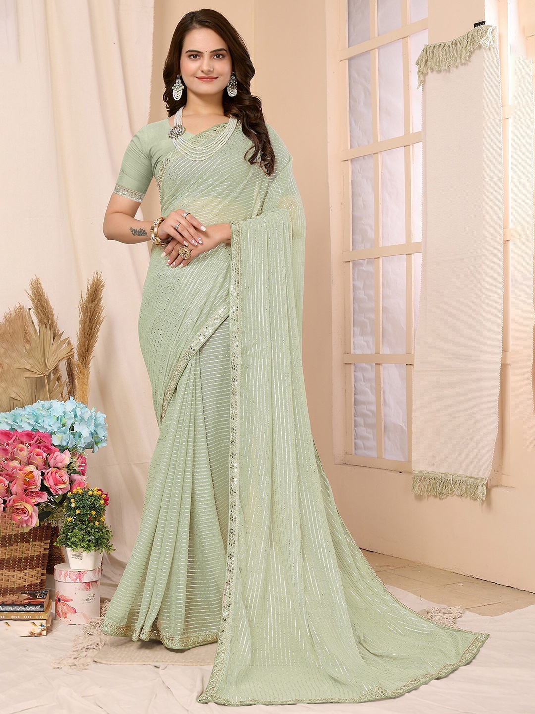 

FABMORA Striped Sequin Embellished Saree, Lime green