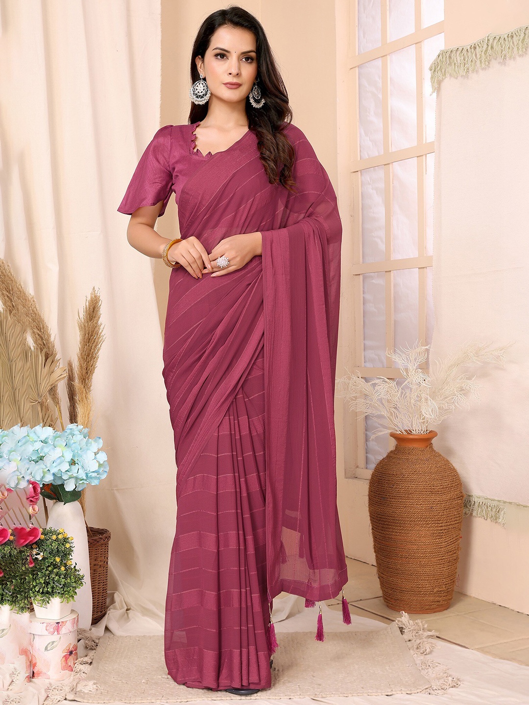 

FABMORA Embellished Party Ready to Wear Saree, Pink