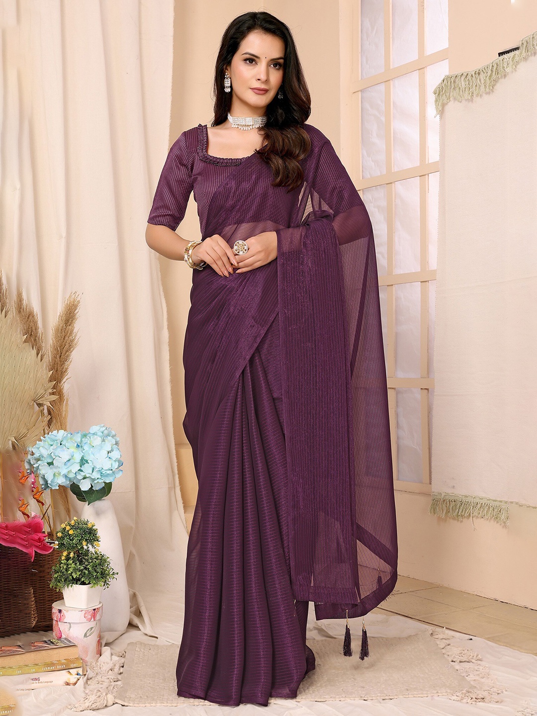 

FABMORA Embellished Tissue Ready to Wear Saree, Purple