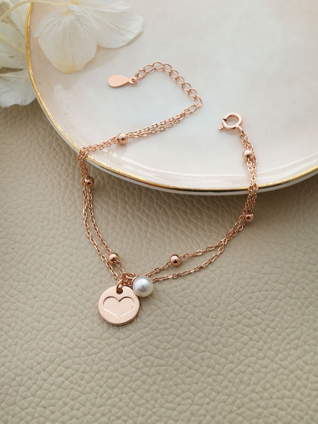 

MANNASH Sterling Silver Artificial Beads Rose Gold Plated Link Bracelet