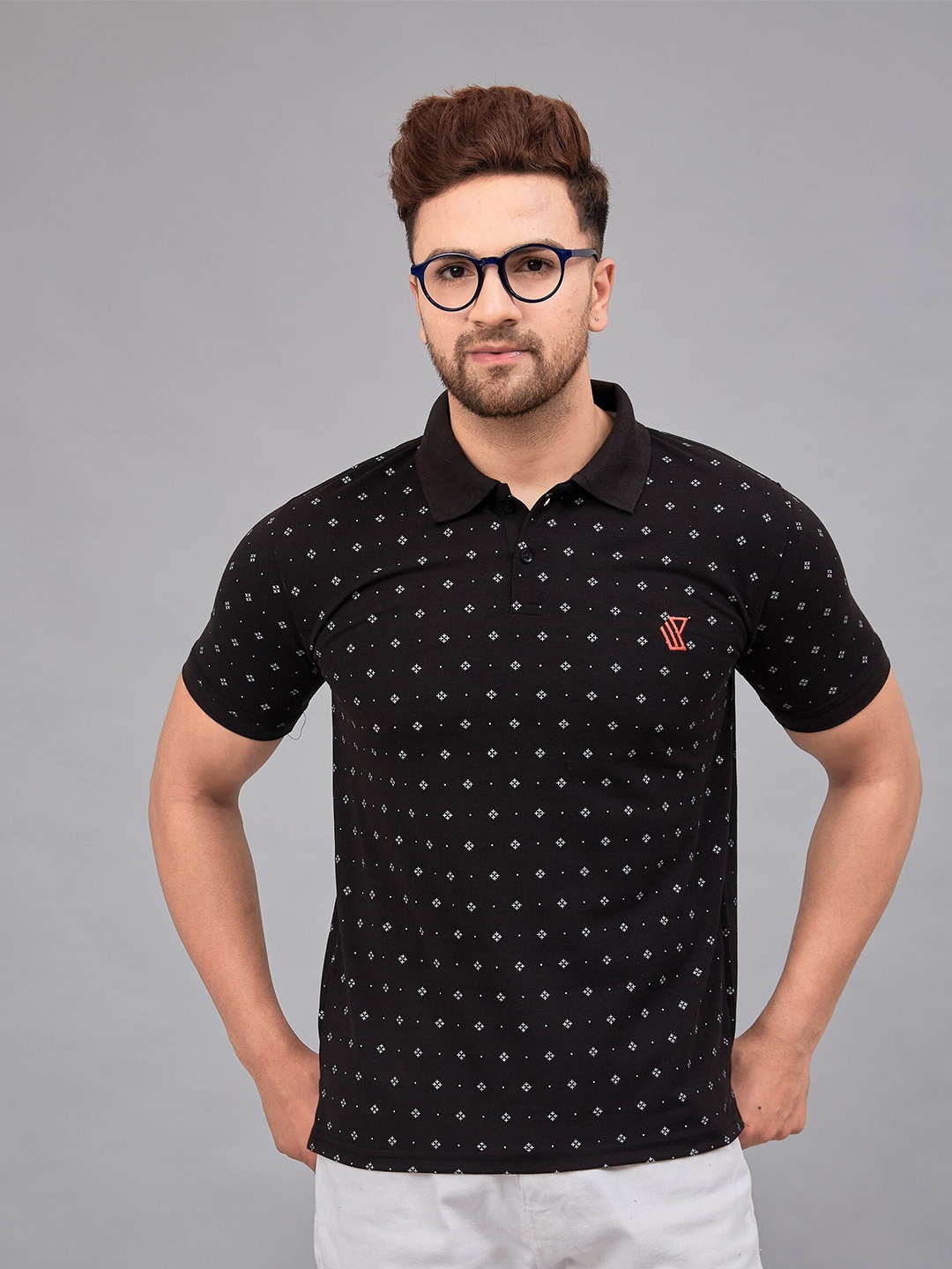 

WE PERFECT Men Printed Polo Collar T-shirt, Black