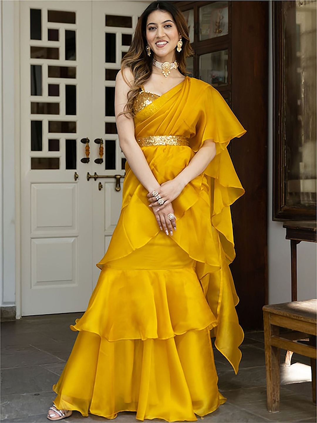 

Fusionic Organza Ruffled Ready To Wear Saree, Mustard