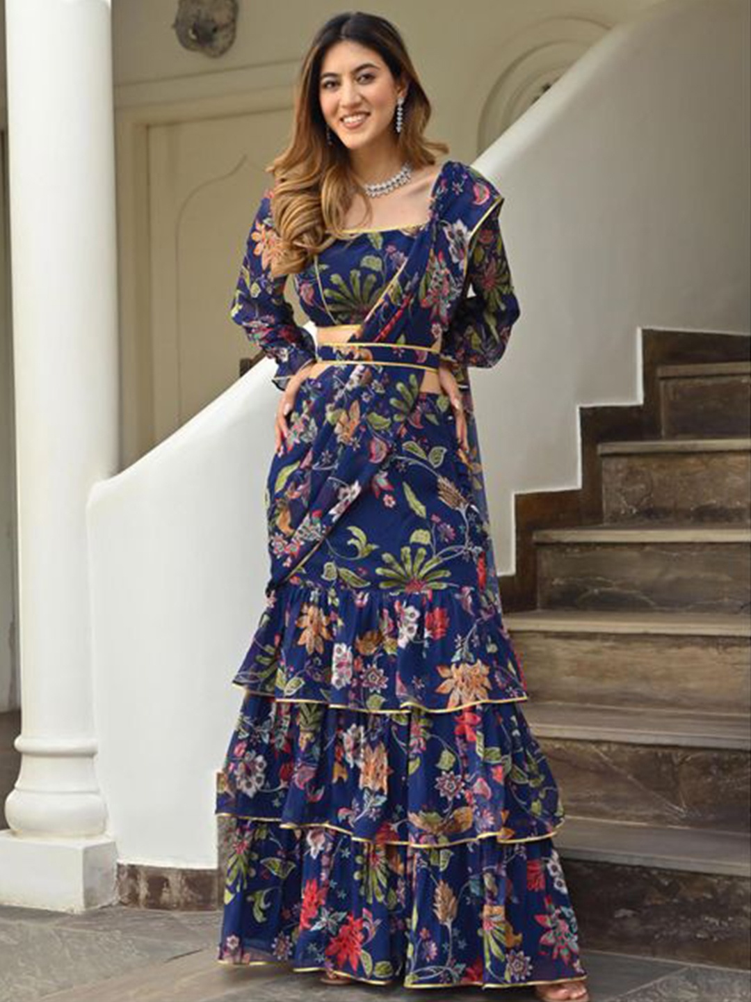 

Fusionic Floral Printed Ruffled Ready To Wear Saree, Navy blue