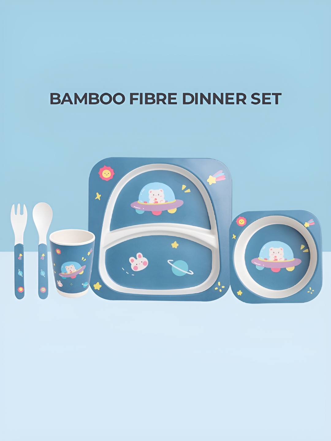 

Polka Tots Teal & White 5 Pieces Printed Bamboo Matte Dinner Set