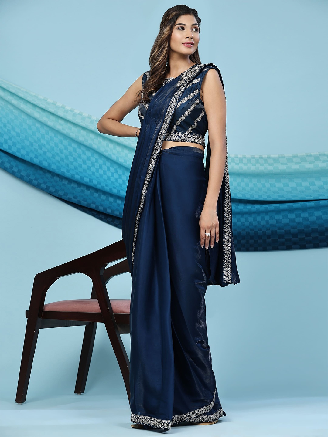 

AMOHA TRENDZ Embroidered Organza Ready to Wear Saree, Teal