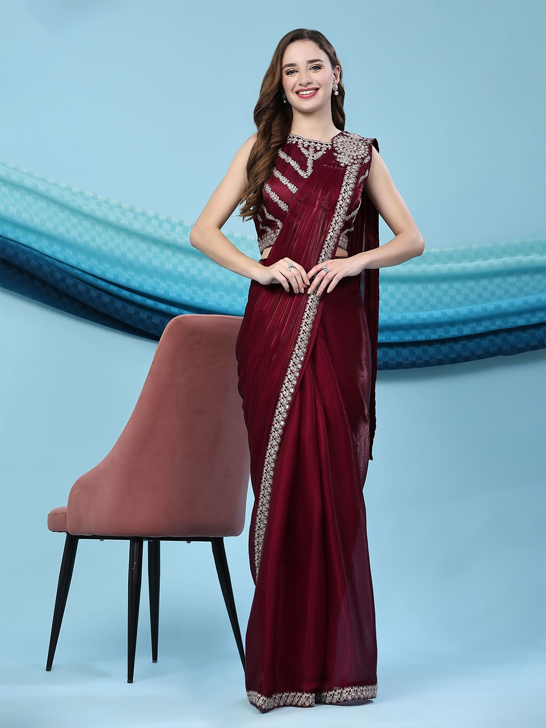 

AMOHA TRENDZ Embroidered Organza Ready to Wear Saree, Maroon