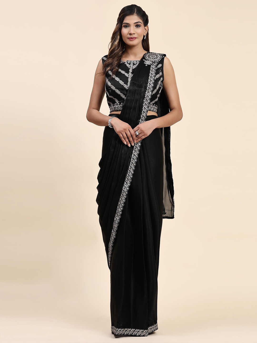 

AMOHA TRENDZ Embroidered Organza Ready to Wear Saree, Black