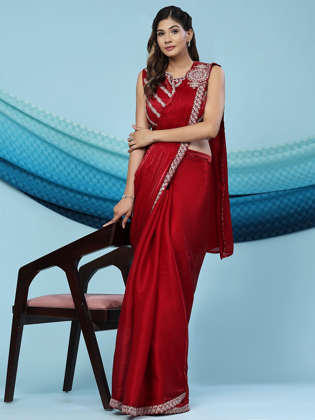 

AMOHA TRENDZ Embroidered Organza Ready to Wear Saree, Maroon