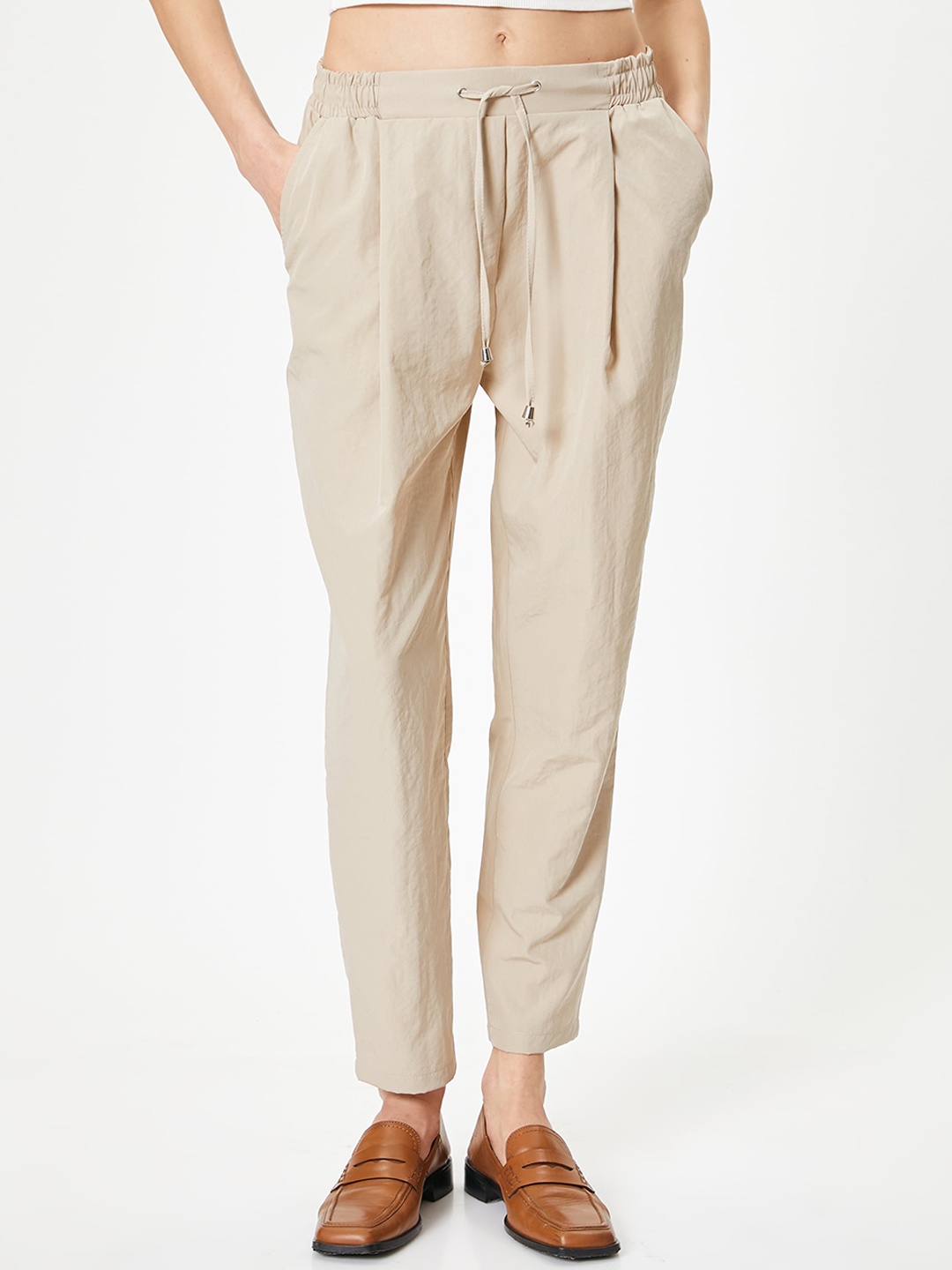 

Koton Women Loose Fit Pleated Front Peg Trousers, Beige