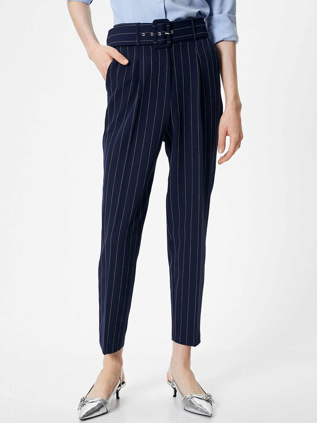 

Koton Women Striped High-Rise Trousers, Navy blue