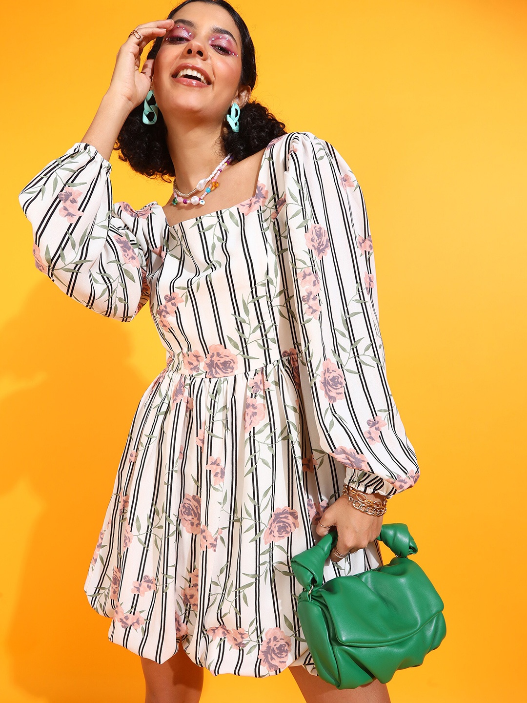 

RARE Floral Print Puff Sleeve Fit & Flare Dress, Off white