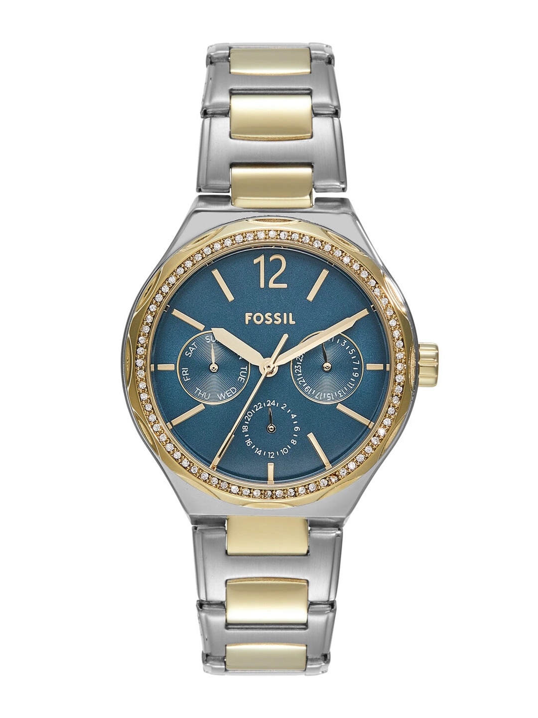 

Fossil Women Textured Dial & Stainless Steel Bracelet Style Straps Analogue Watch BQ3948, Blue