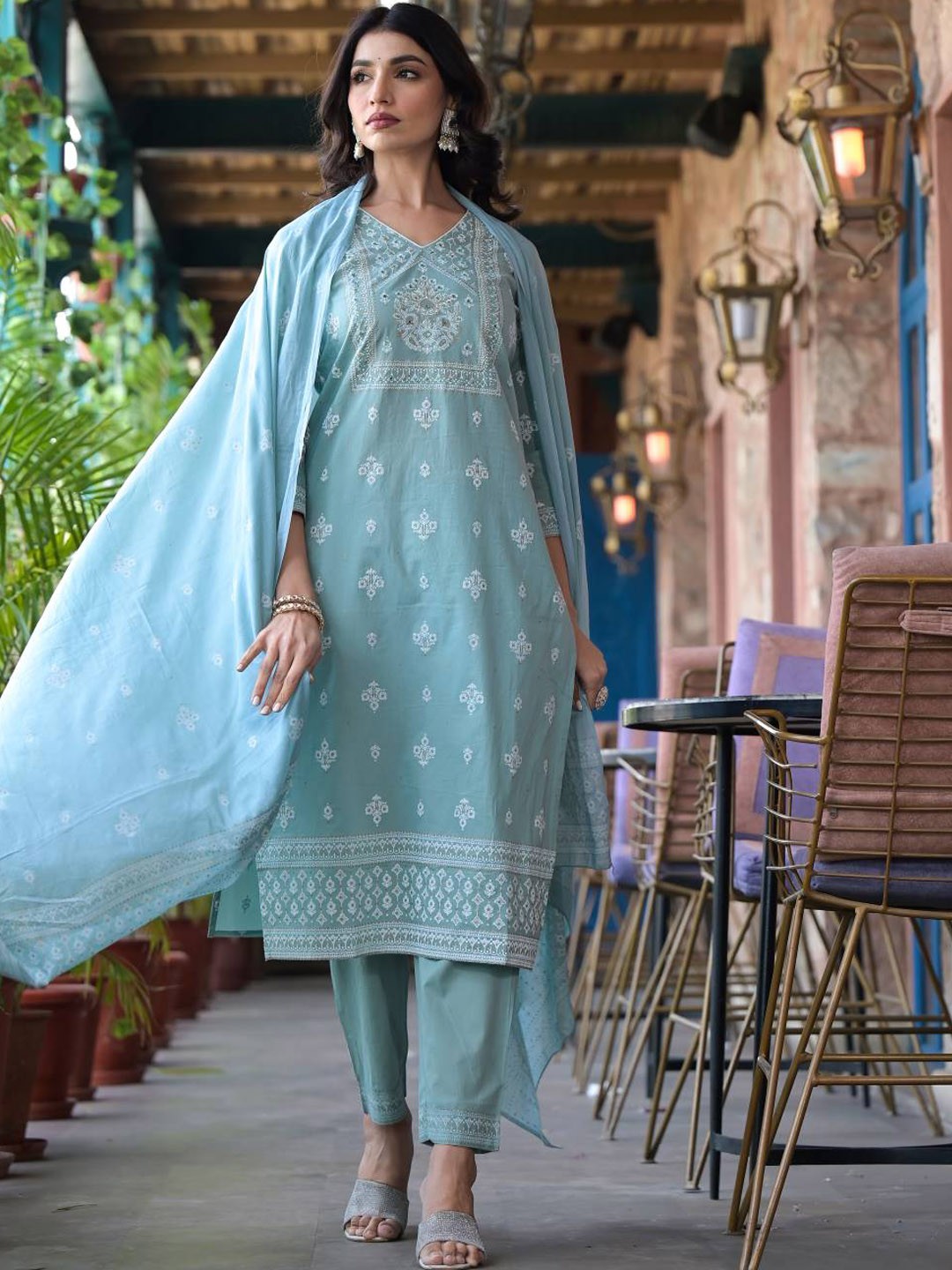 

Varanga Floral Yoke Design Regular Mirror Work Pure Cotton Kurta with Trouser & Dupatta, Sea green