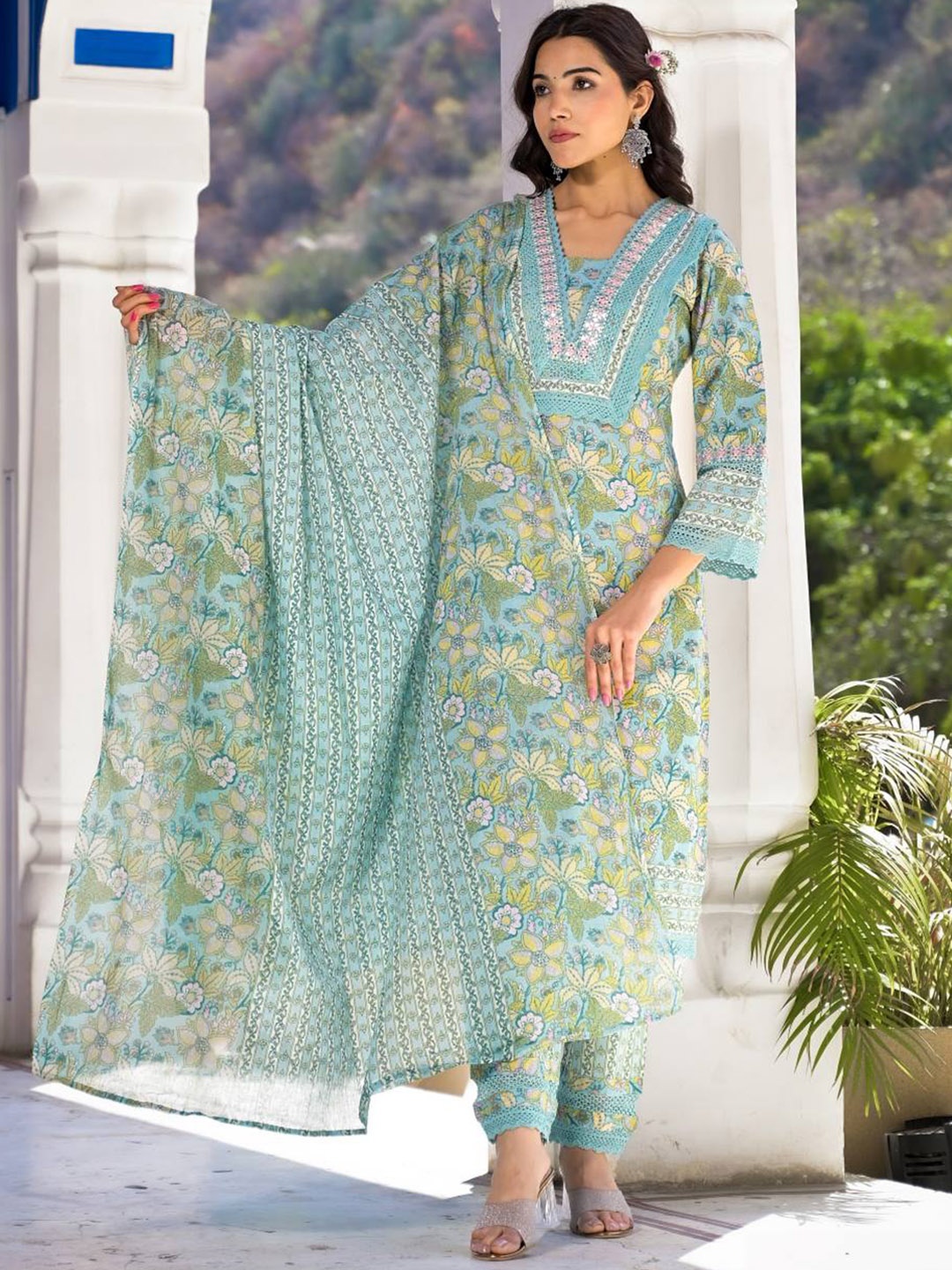 

Varanga Floral Printed Regular Mirror Work Pure Cotton Kurta With Trouser & Dupatta, Blue